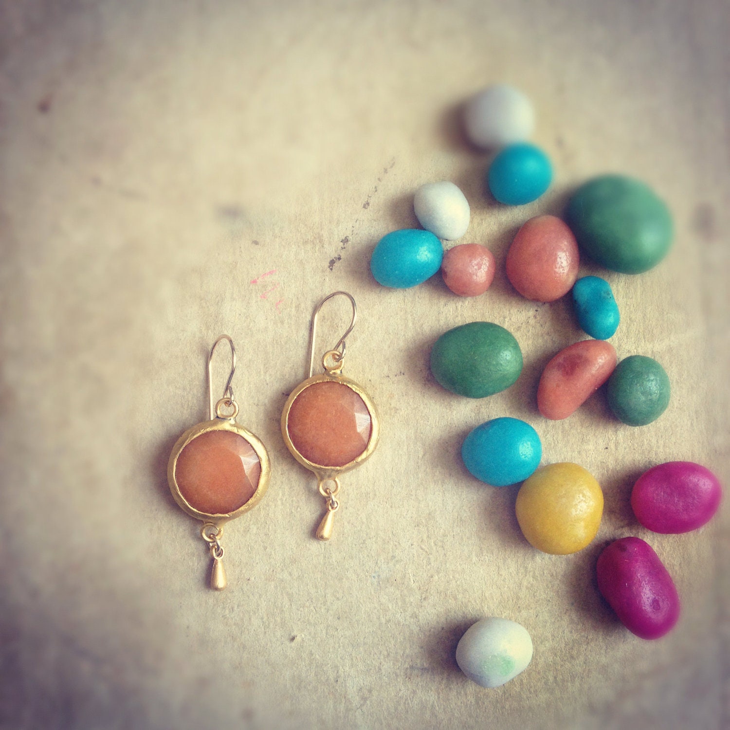 Dangle Earrings statement gemstone everyday earrings peach candy orange jade stone matte textured gold frame gemstone earrings israel
