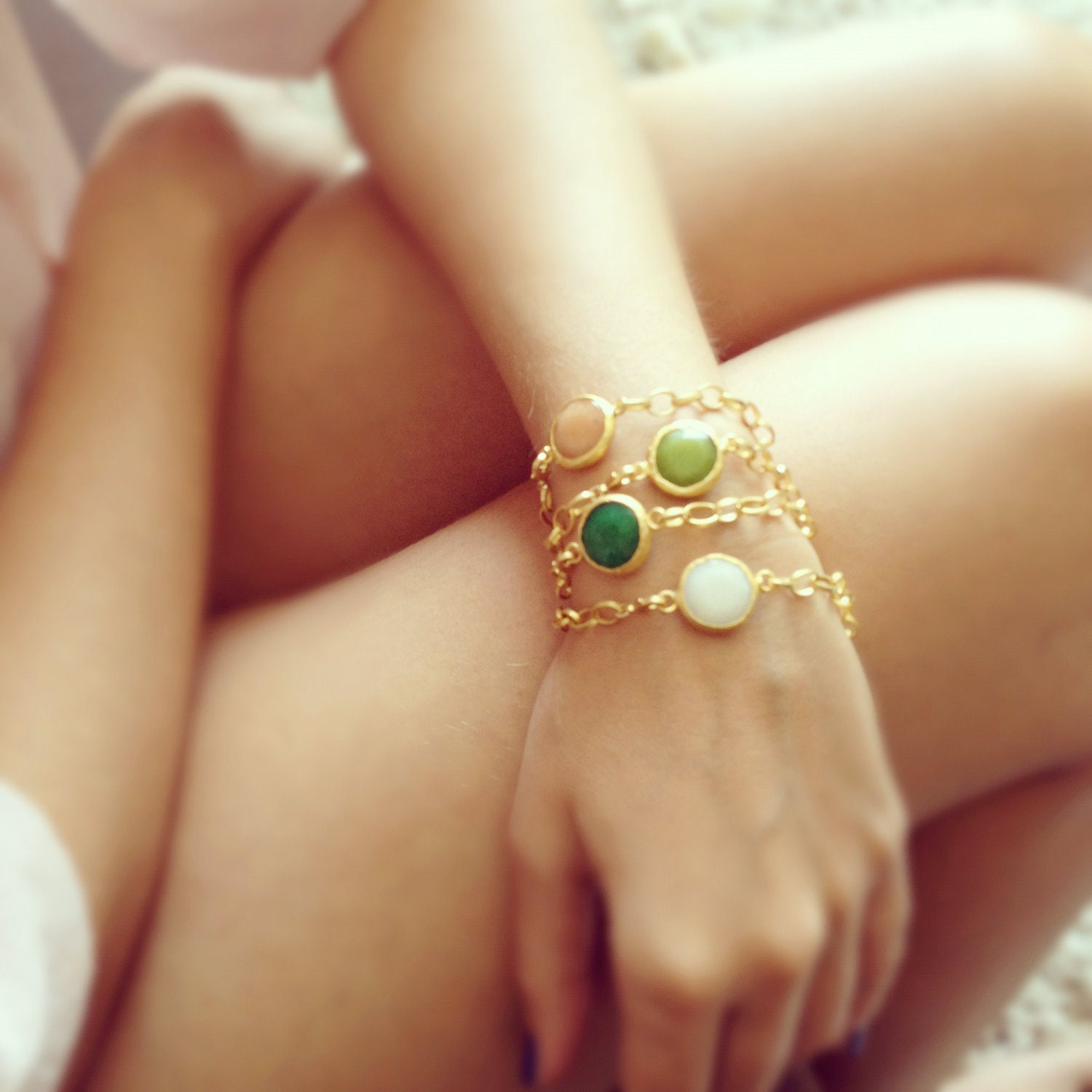 ONE statement bracelet summer fashion  orange peach white jade stone matte textured gold frame gemstone BRACELET israel jewelry