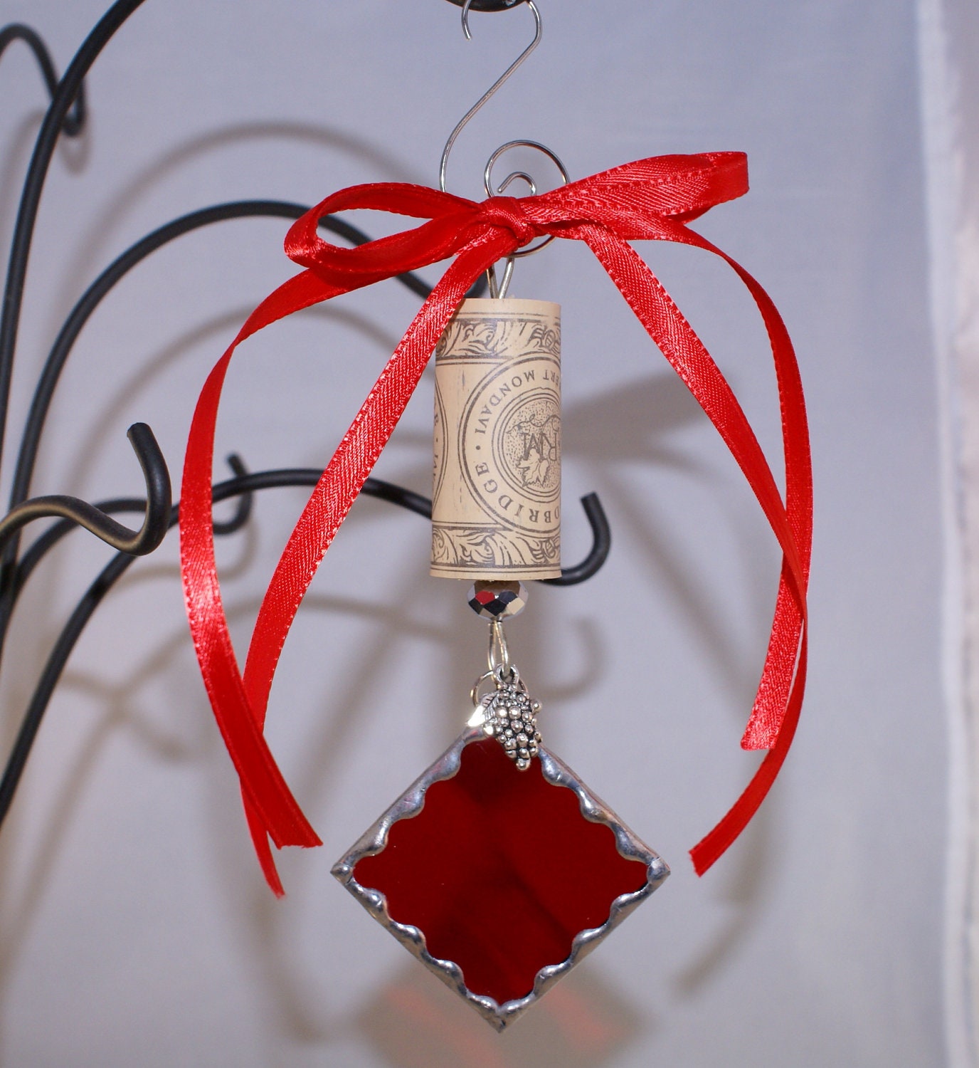 Wine Cork Ornament with Scarlet Waterglass and Tibetan Silver Charm for your Christmas Tree or Holiday Package Embellishment