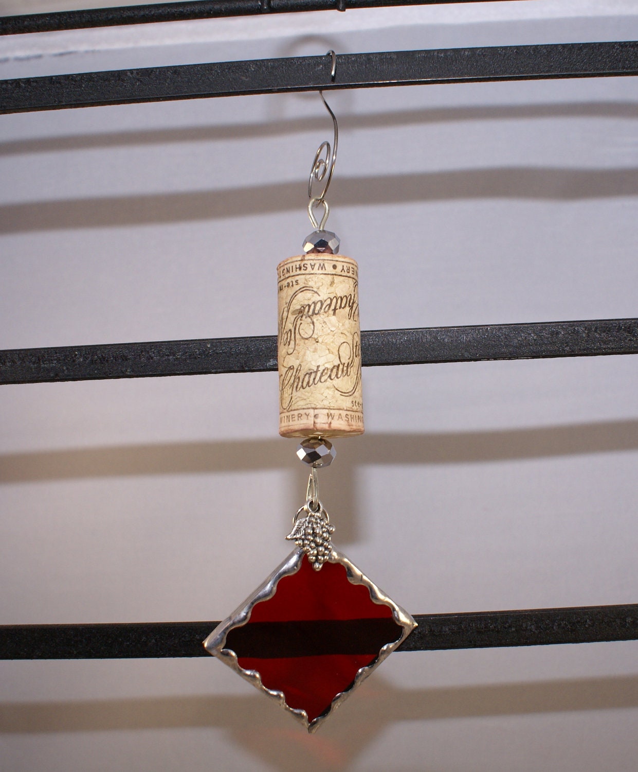 Scarlet Red Wine Cork Ornament with Tibetan Silver Charm for your Christmas Tree or Holiday Package Embellishment