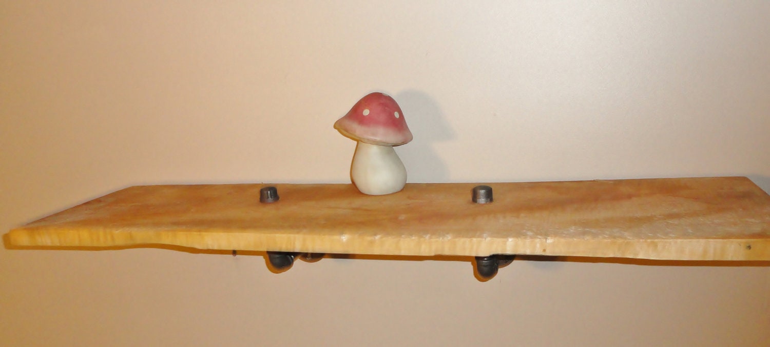 Industrial shelving Pipe Shelf, Maple Shelf on Black Steel Pipe Mounting Brackets