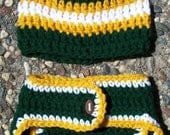 Baby Boy Crochet Greenbay Packer Diaper Cover Set-Featuring-Striped Hat & Diaper Cover With Football Button-Size 0-3mo-3/6mo-6/12mo