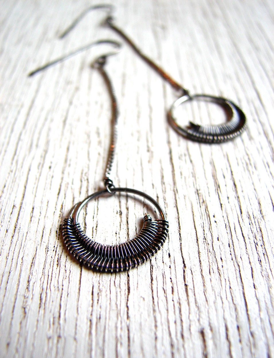 Spiral Hoop, Chandelier, Drop, Sterling Silver, Nautilus, Herringbone, Modernist, Simple, Textural, Earrings