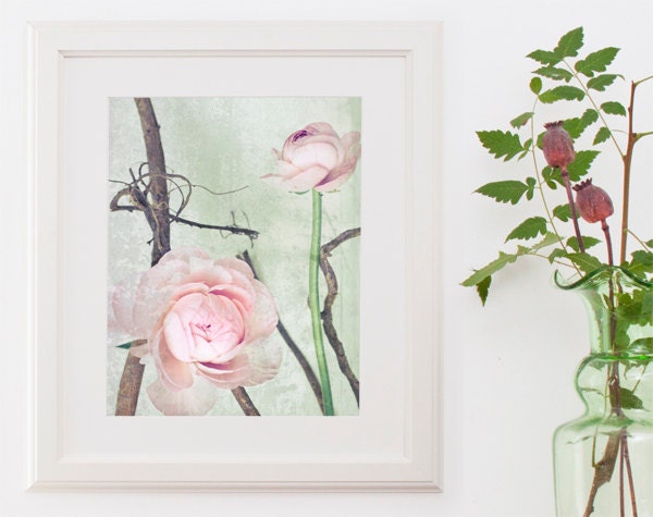 Shabby Chic Flower Pale Pink Ranunculus french mothers day country art for girls room 8x10 mint green