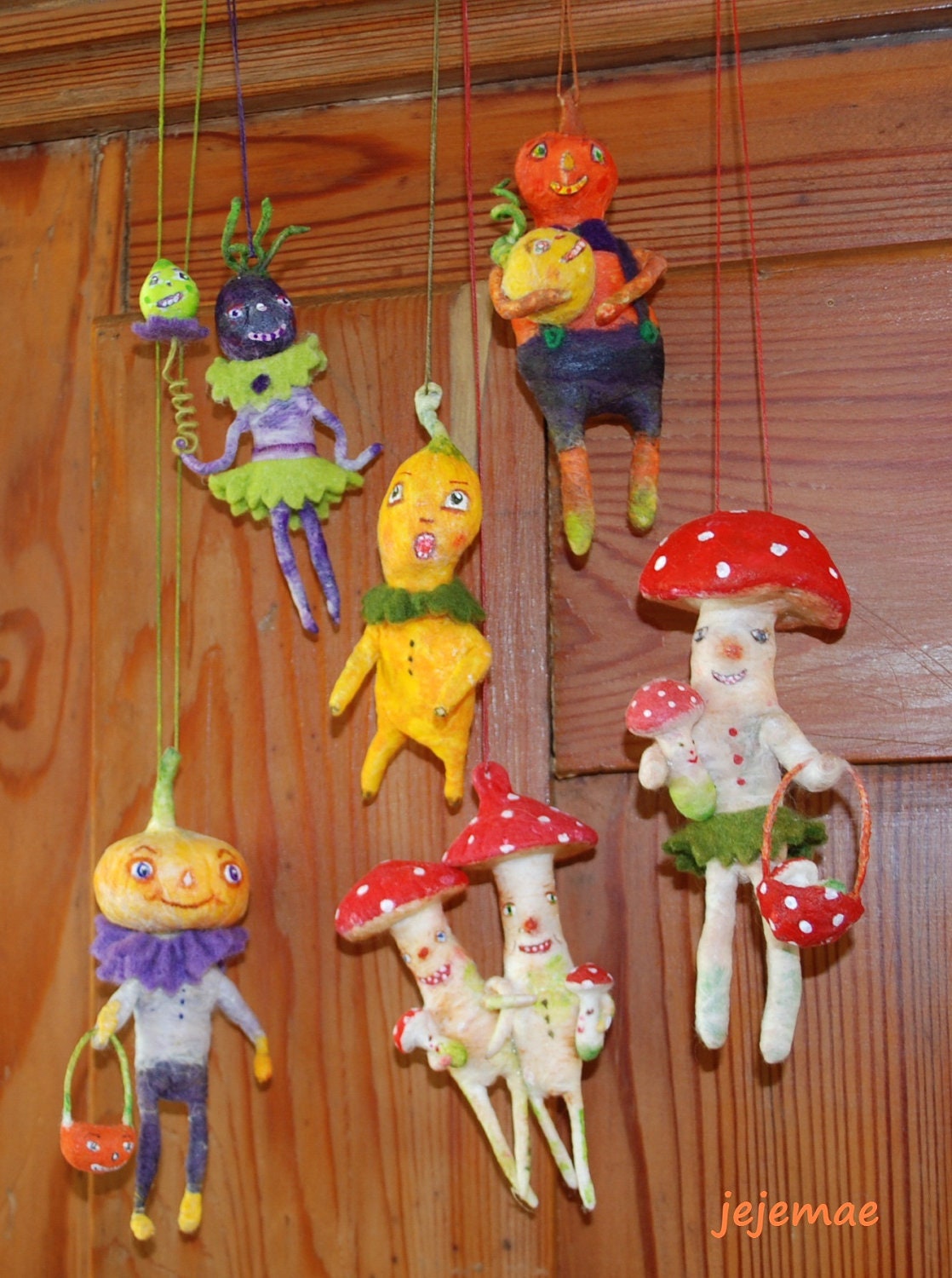 Spun cotton mushroom family feather tree ornament OOAK Vintage Craft by jejeMae