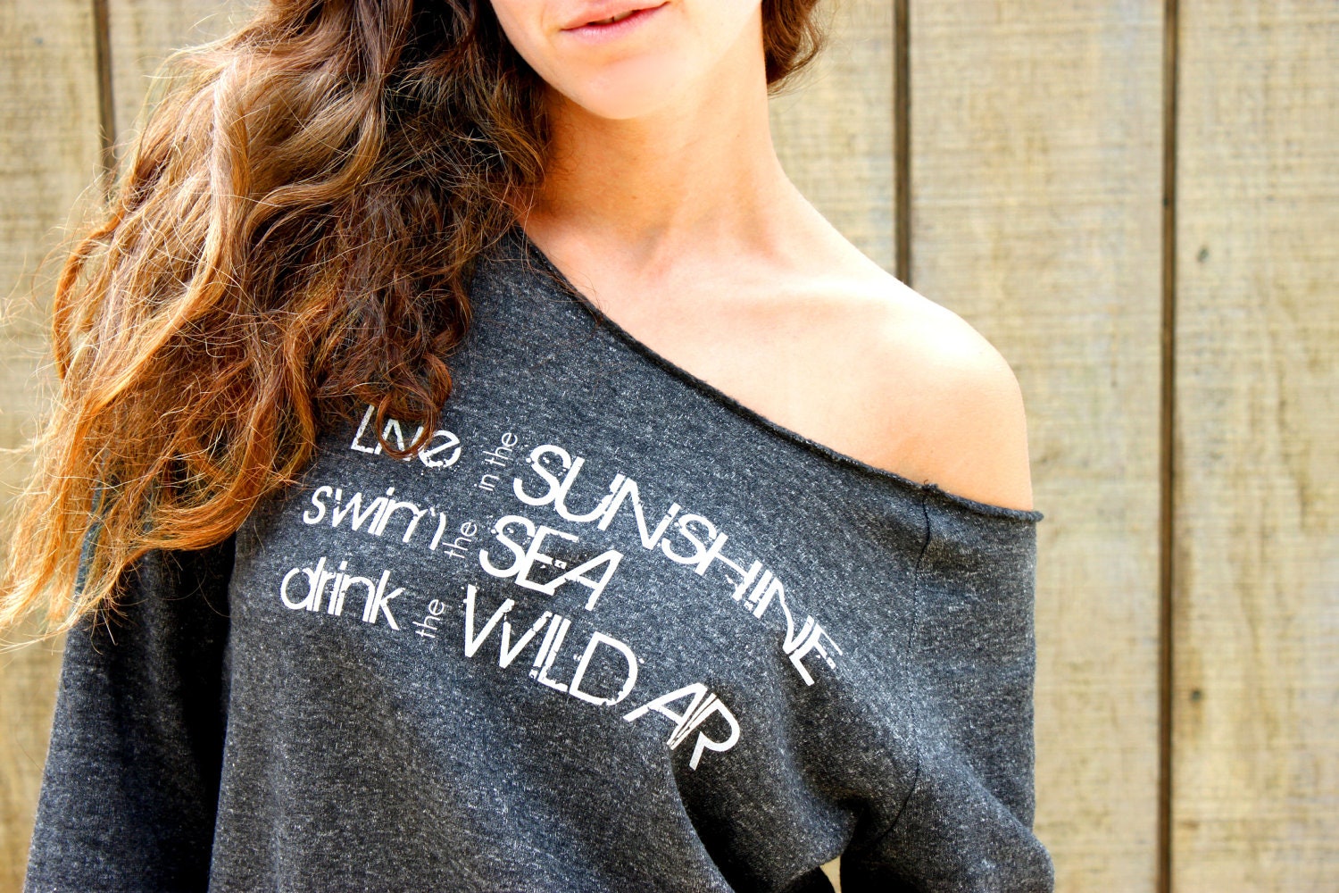 Eco-friendly off the shoulder sweater in Eco-black, Inspirational Ralph Waldo Emerson quote