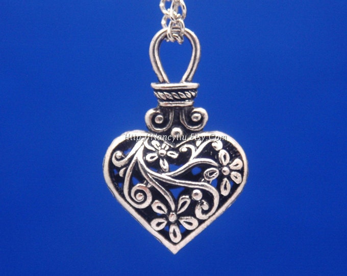 Antique Silver Heart Necklace Pendant - Beautiful Flower Necklace Charms - Wedding Jewelry