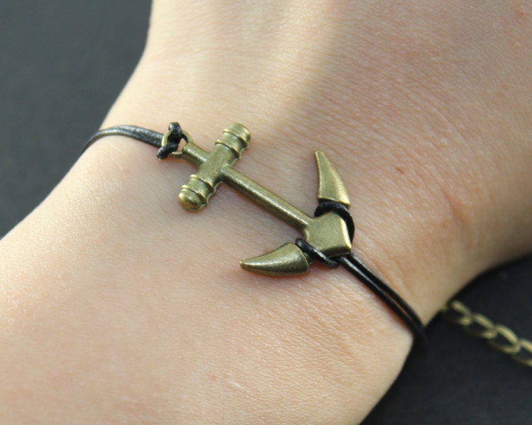 Bracelet---antique bronze anchor&black leather chain