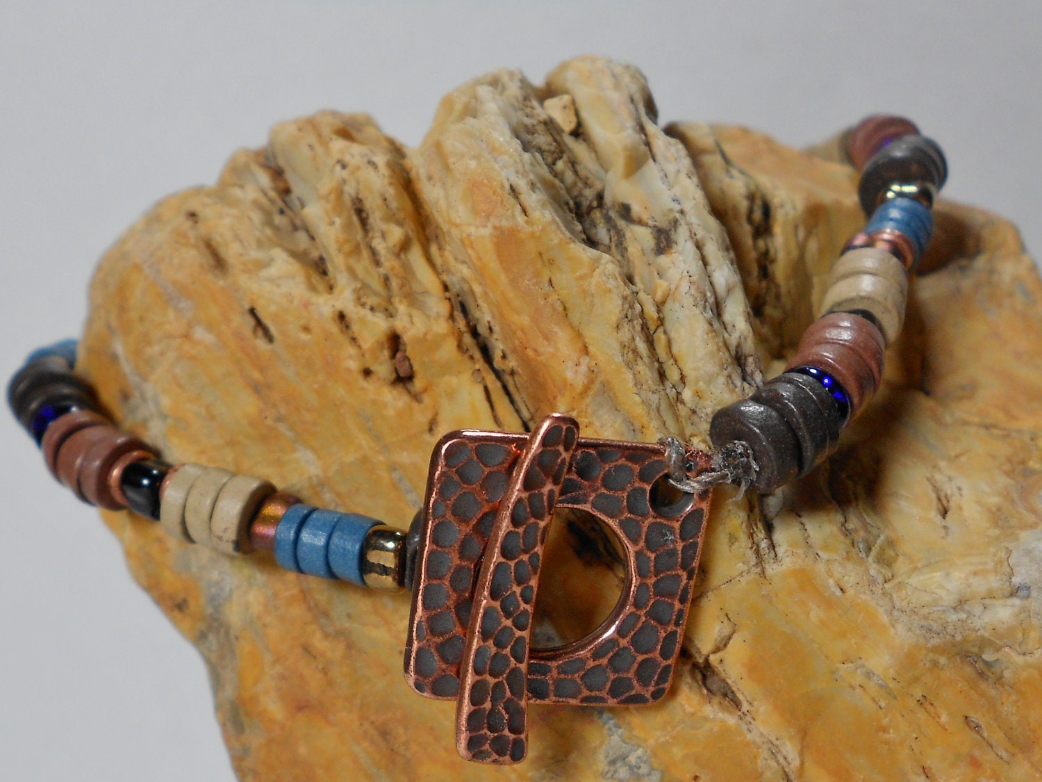 Native man bracelet, bohemian man, tribal man, earthy rustic ethnic, organic copper, brown blue (MAN273)