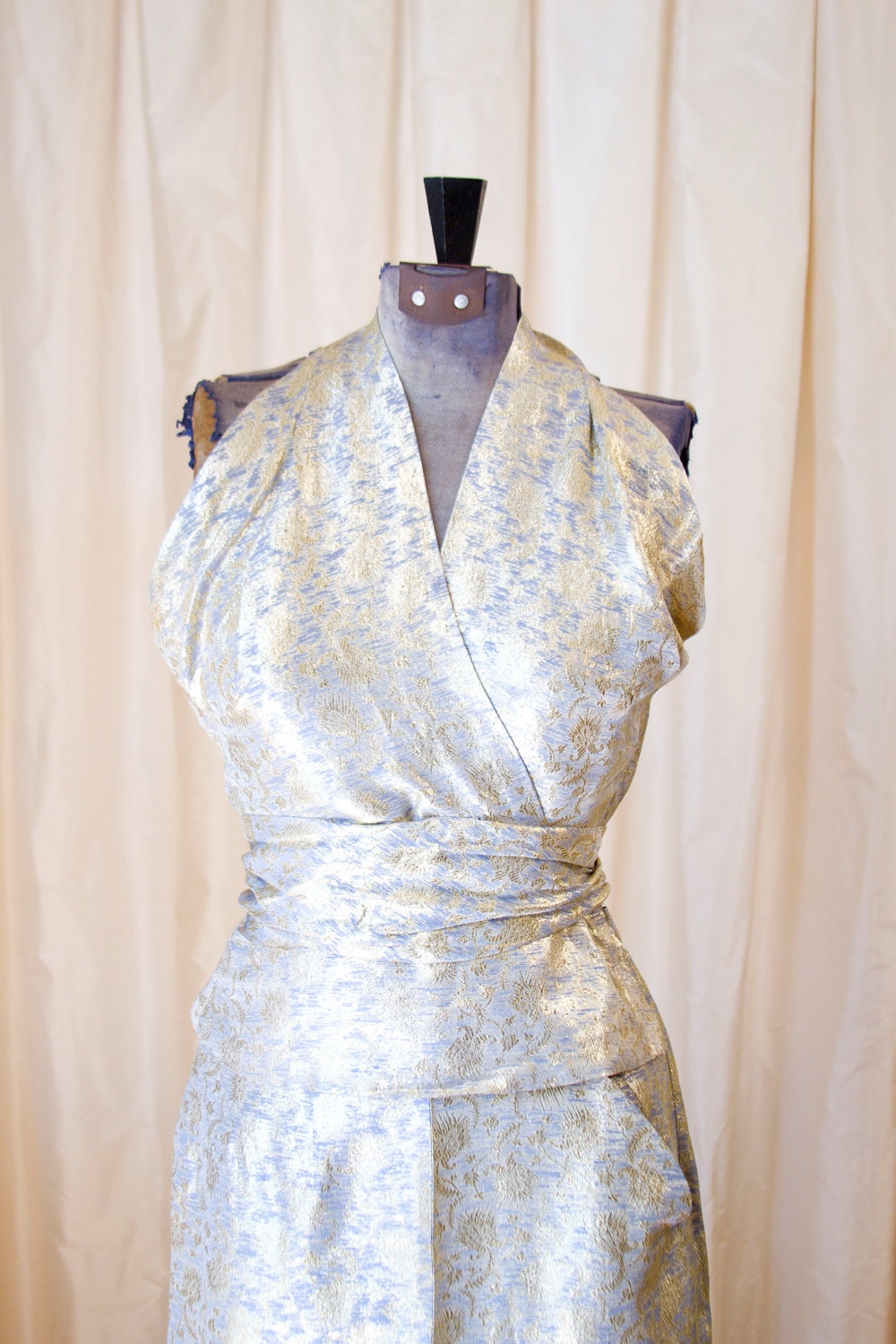 1950's Liquid Gold Lurex Halter Top and Pencil Wrap Skirt by Toni Owen