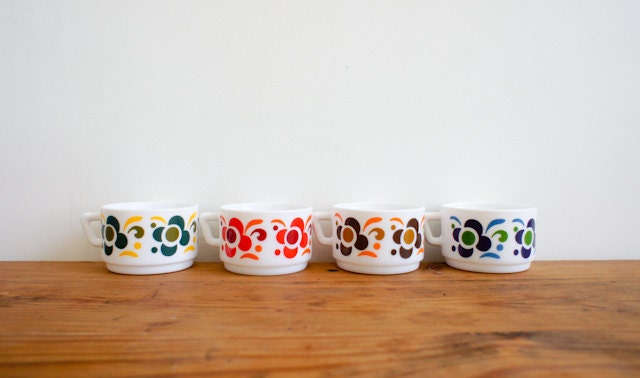 RESERVED vintage french arcopal cups in bright 1970's flower pattern, set of four
