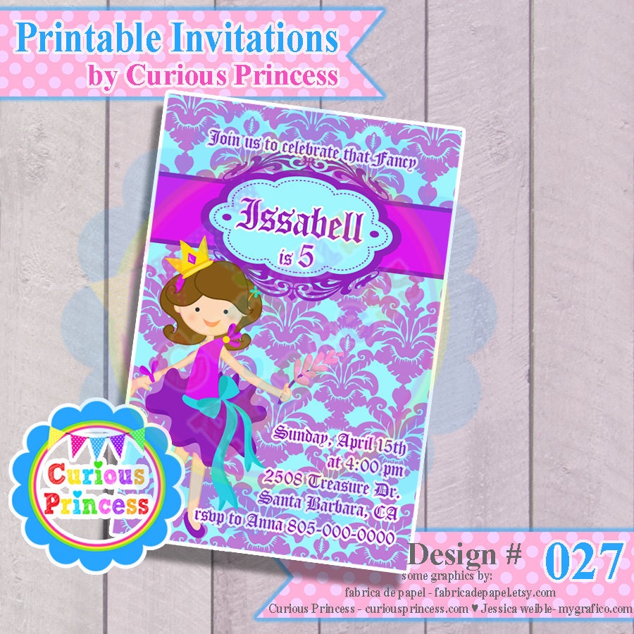 027 fancy couture girl invitations or thank you cards birthday party PRINTABLE DIGITAL girly purple turquoise damask 4x6