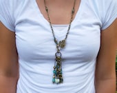 Handmade Necklace, Bronze Leaf and Shades of Blue