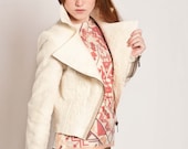 Moto style jacket, biker Cropped jacket, White blazer, chic asymmetric lapel closure by Texturable