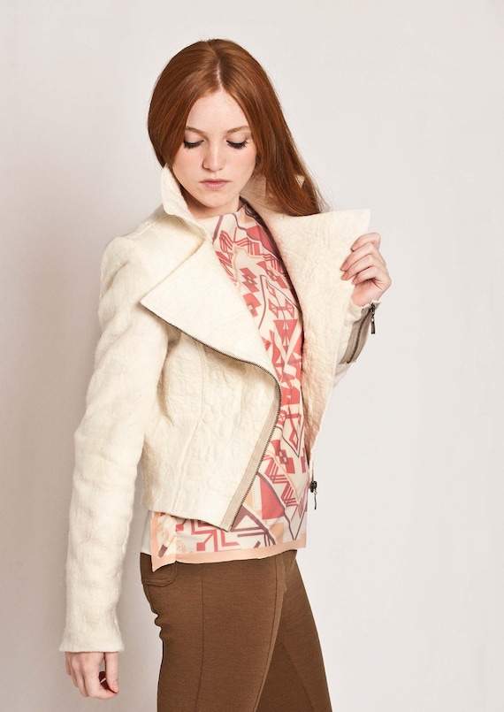 Biker Cropped jacket, White blazer, Moto style jacket, chic asymmetric lapel closure by Texturable