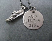 RUN LIKE A GIRL Round Pendant with Running Shoe - Running Necklace - Running Jewelry - Hand stamped 18 inch gunmetal chain