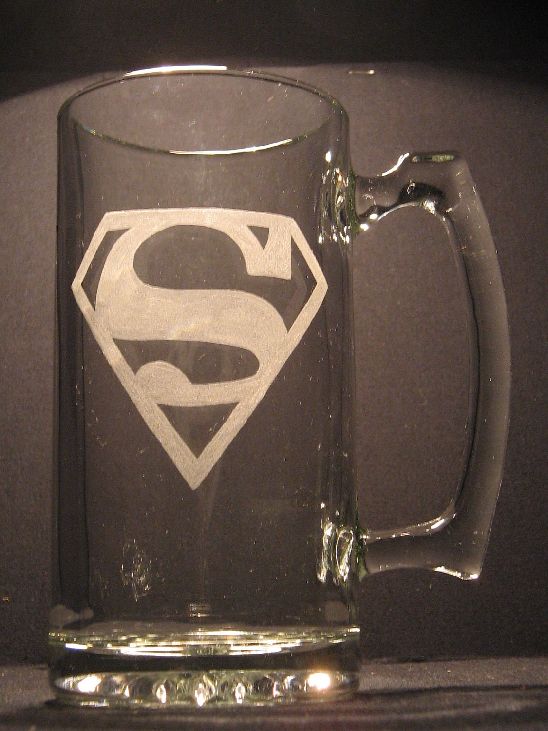 The Superman  inspired Beer Mug Engraved/etched Glass "PICK YOUR STYLE"