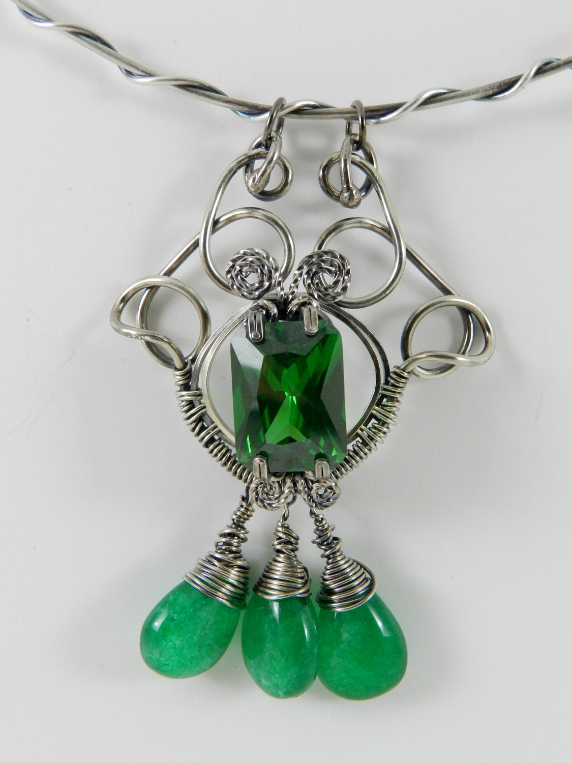 Green Emerald Necklace, Emerald Briolette Necklace, Sterling Silver Wire Wrapped Emerald Necklace, Hnadmade Wire Wrapped Jewelry