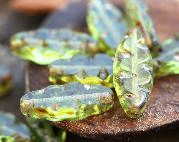 Picasso Czech beads Forest green with rustic finish, long glass bead, flat - 18x08mm - 8Pc - 0394