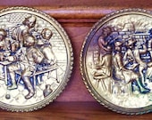 Vintage Set of Two Brass Plate Wall Hangings with Pub Scenes / Colonial Times / Collectible Gift