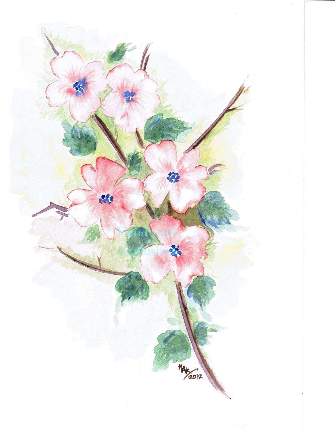 OOAK, Wall art, Dogwoods, pink and green, Watercolors, Art, Original, 6X9, Home decor, floral art