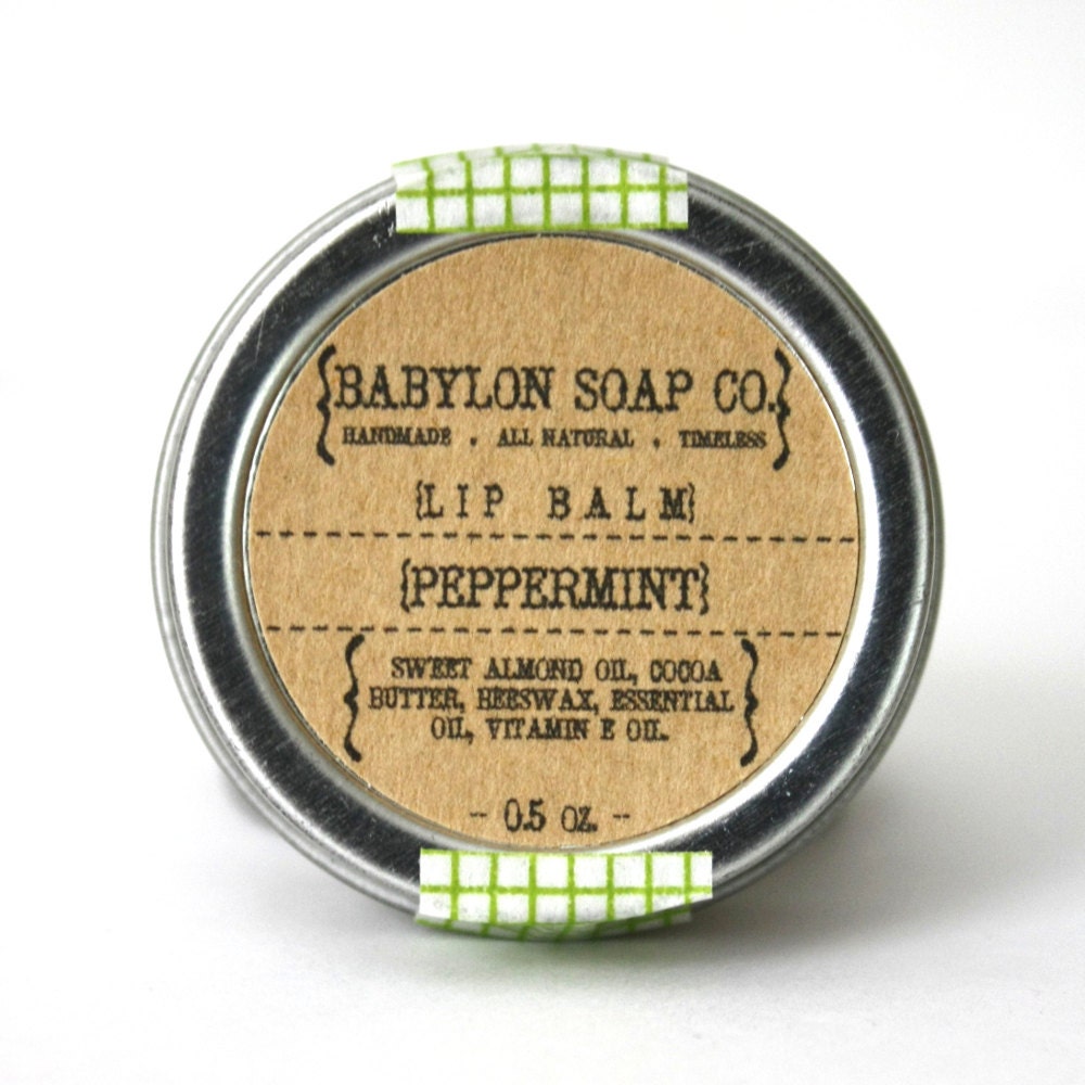 Peppermint Lip Balm . Made with Cocoa Butter & Beeswax . All Natural . Lip Balm Tin