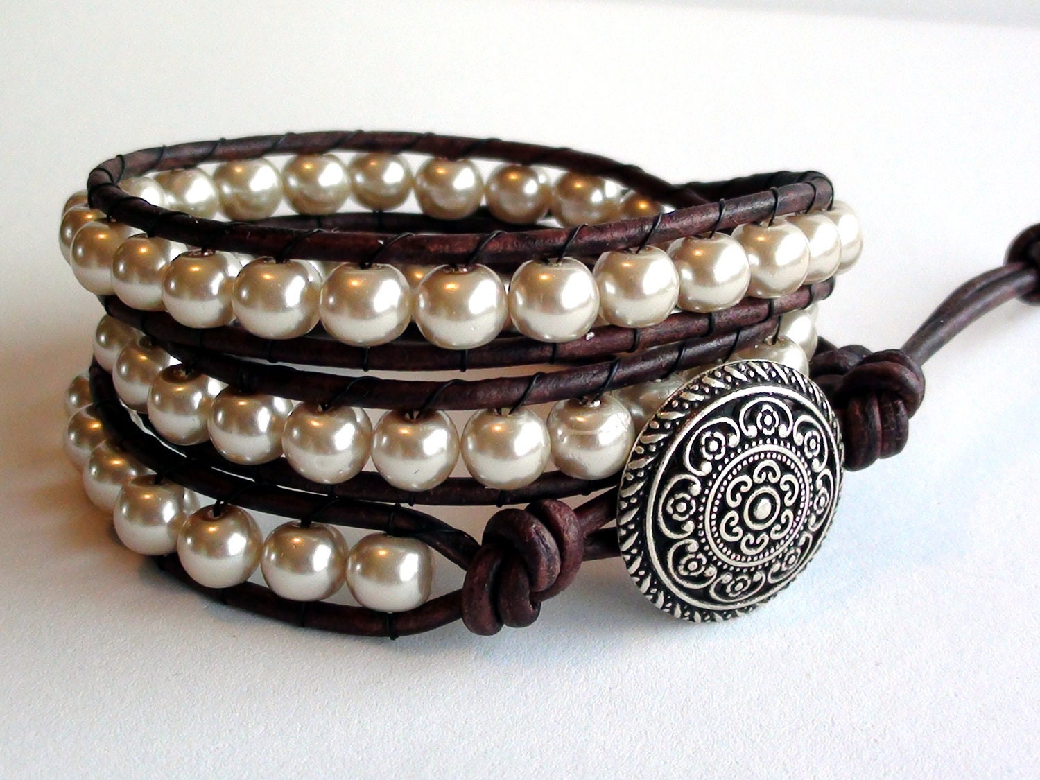 Purity II - Beige Pearl Triple Wrap Leather Bracelet
