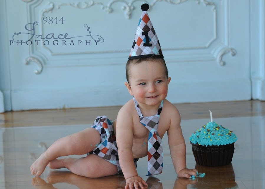 First Birthday Clothes or Cake Smash Outfit for Boys, Gray Argyle, Baby Boy Necktie, Diaper Cover and Party Hat,