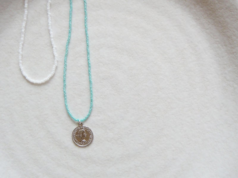 Set Of 2 Summer Mint Multi Strands Necklace with Silver Plated Coin Charm for Women, Seed Bead Jewelry, Friendship Jewelry