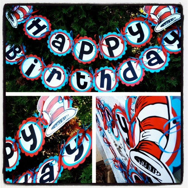 Dr. Suess Cat in the Hat Inspired Birthday Banner - Ready to Hang, Red, Blue, White