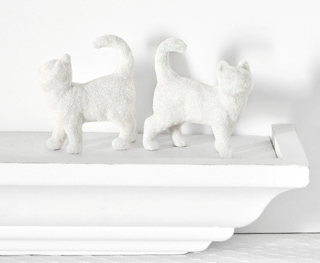 White Glitter Kitties in Florescent Snow Glitter for Winter Wedding Table Settings, Baby Showers, Nursery Decor or Centerpiece Decorations