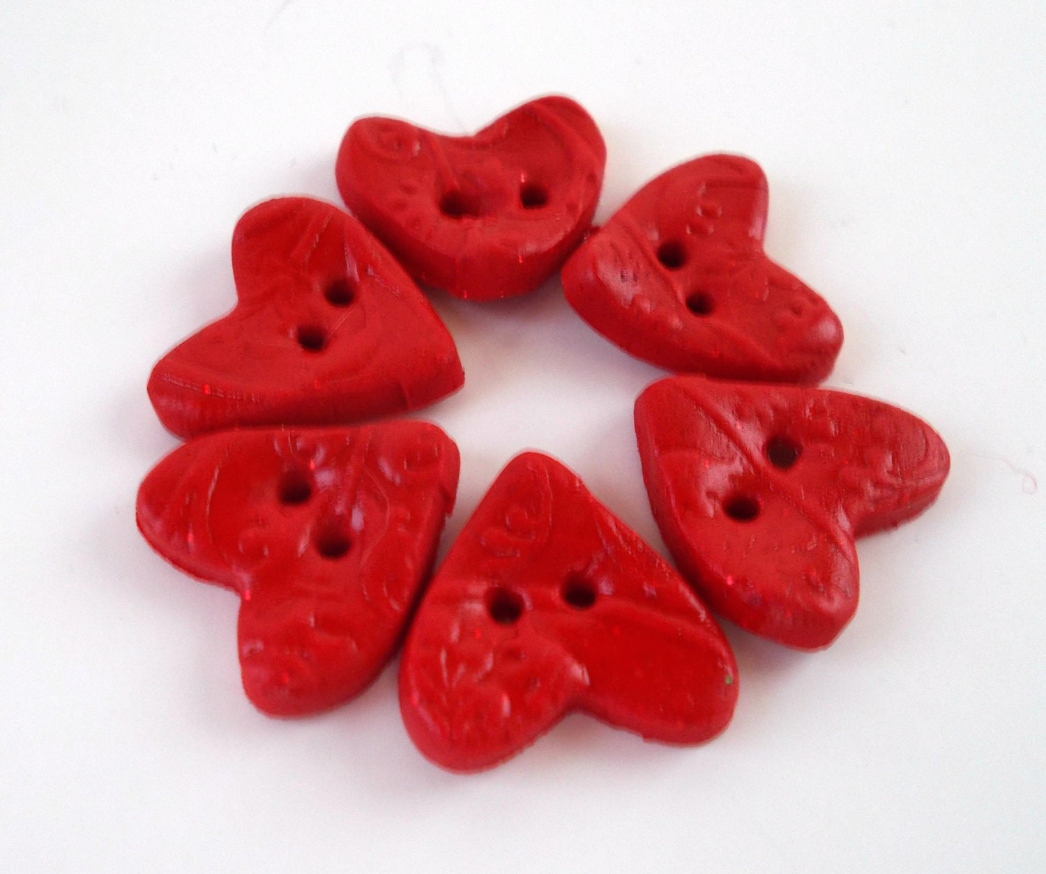 Decorative Heart Buttons - Polymer Clay Valentine Buttons - 6 pcs