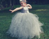 Flower Girl Tutu Dress Crochet Bodice Silver Grey Twilight Shiny Tulle with Ivory Rose Infant to Toddler Size 4