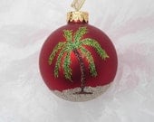 Palm Tree Beach Glitter Ornament - Personalized Beach and Palm Tree Vacation Memory - Unique Red Glass Ornament