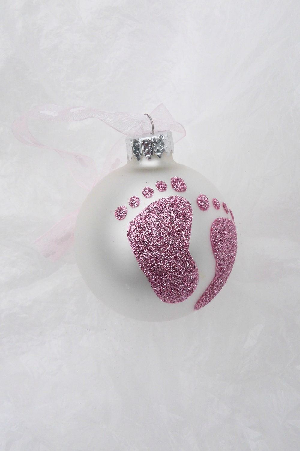 Pink Baby Feet Glitter Ornament- Personalized Baby Girl Footprint - Unique Glass Ornament
