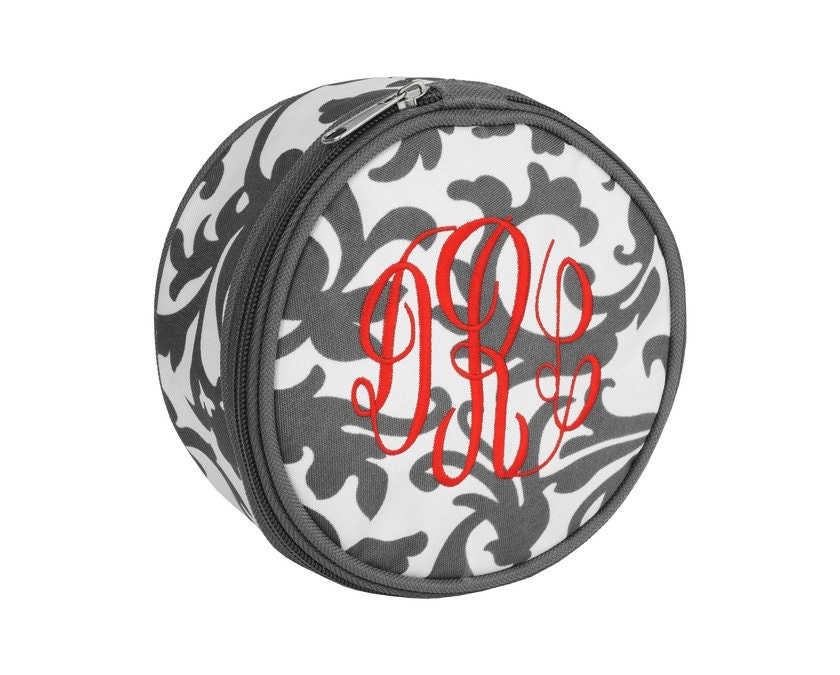 Personalized With Embroidery Grey and White Damask Print Jewelry Case