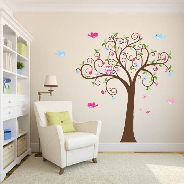 NEW LOOK Kids swirl tree vinyl wall decal with birds flowers  cute for any nursery
