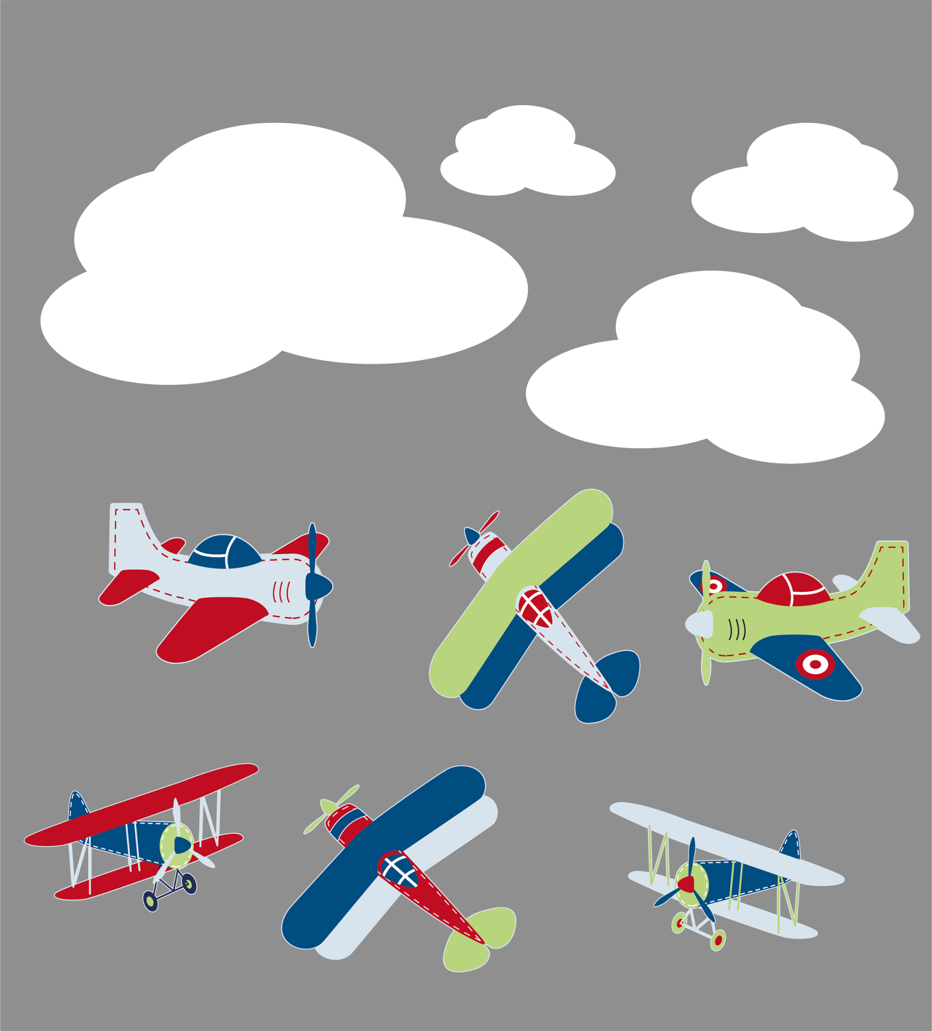 Kids childrens vinyl wall decal Vintage AirPlanes set of 6 and 4 clouds Great for boy nursery