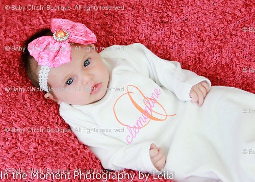 Baby Girl Onesie or Infant Gown and Rosette Hair Bow with Rhinestone - Tangerine and Hot Pink Monogram - Newborn thru 12 months