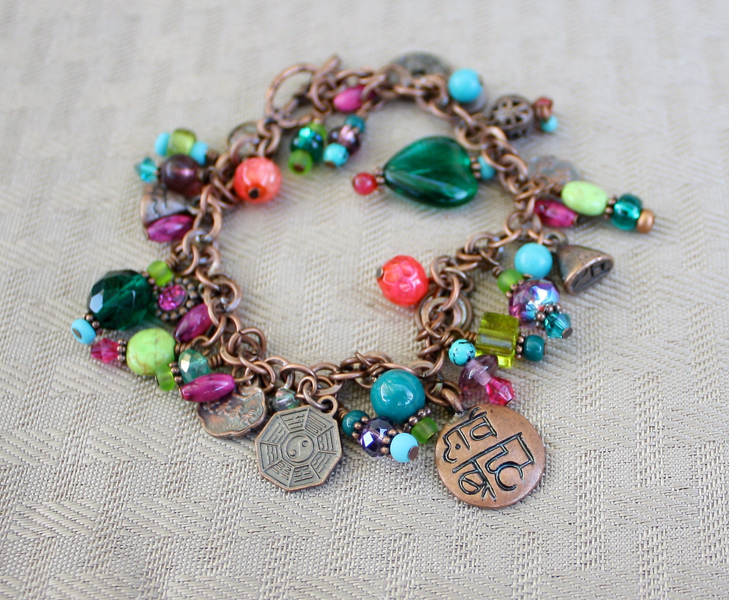 Charm Bracelet - Colorful Charms on Copper Chain, Pink, Green, Teal, Purple