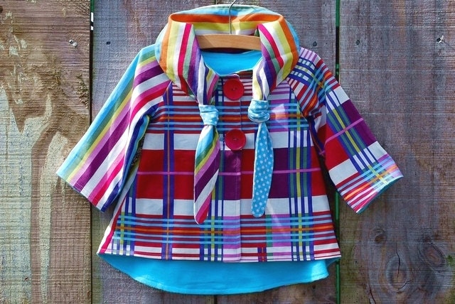 Baby Toddler Girls Coat Jacket in Multi colored stripes and plaid patterns with knotted collar and wooden buttons- Sizes 12m to 5T