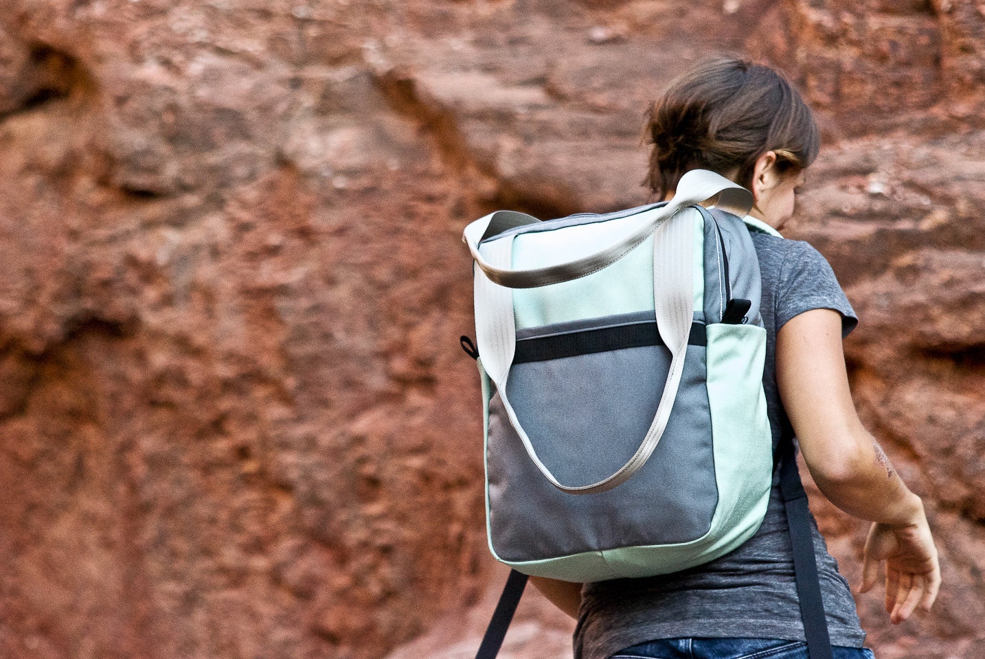 Super Transformer Backpack Tote -- mint & grey -- made to order.
