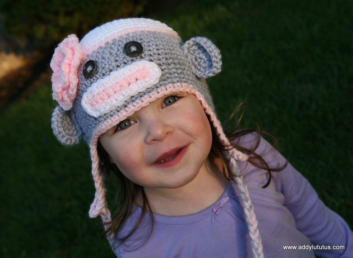 Grey and pink sock monkey crochet hat