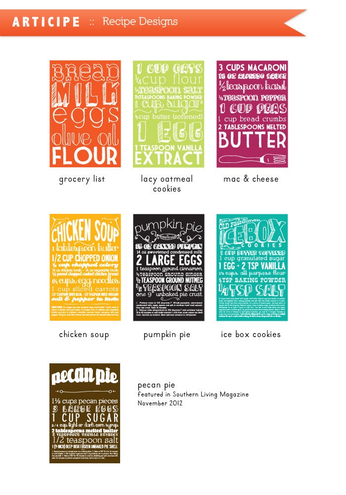 Set of Three 8x10 Kitchen Art Prints of Classic Recipes with Handlettering