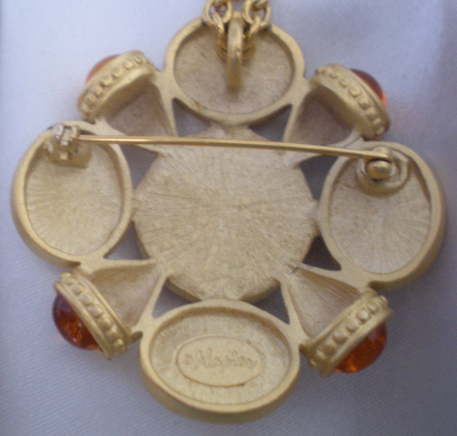 Napier gold aphrodite brooch/pendant with orange cabochons and rhinestone with matching pierced earrings