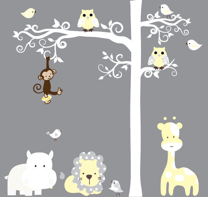 Childrens wall decal white jungle tree wall decal owl, hippo, lion, and giraffe -