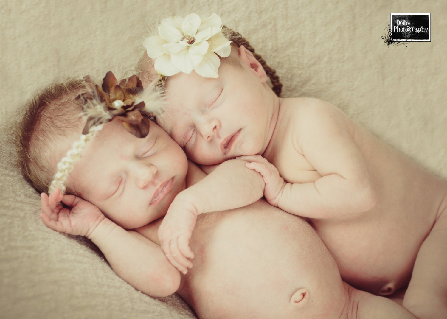 set of two twin baby girl knitted halo headband wrath tan cream brown flower-newborn photography prop or everyday use-baby shower gift