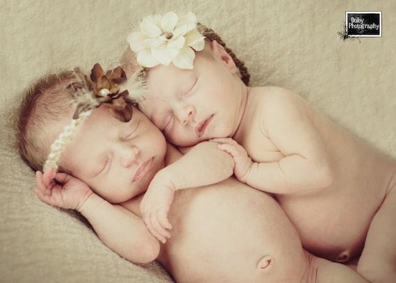 set of two twin baby girl knitted halo headband wrath tan cream brown flower-newborn photography prop or everyday use-baby shower gift