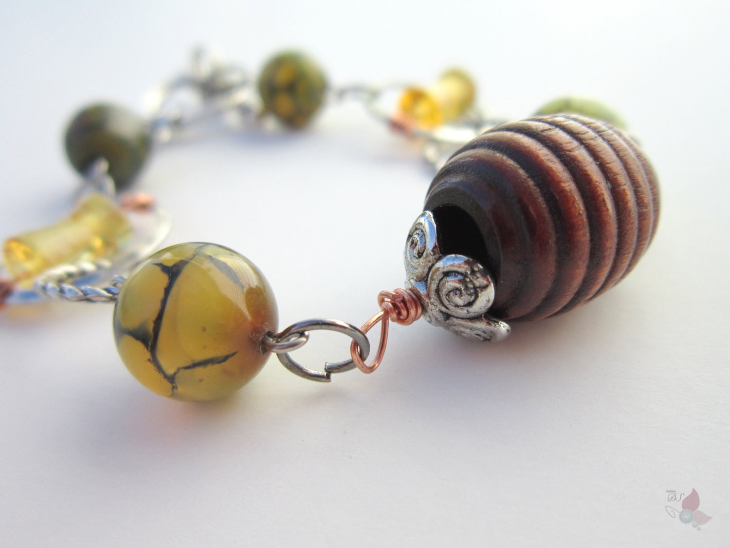 Crazy Lace Agate and Wire Wrapped Wood and Yellow Quartz