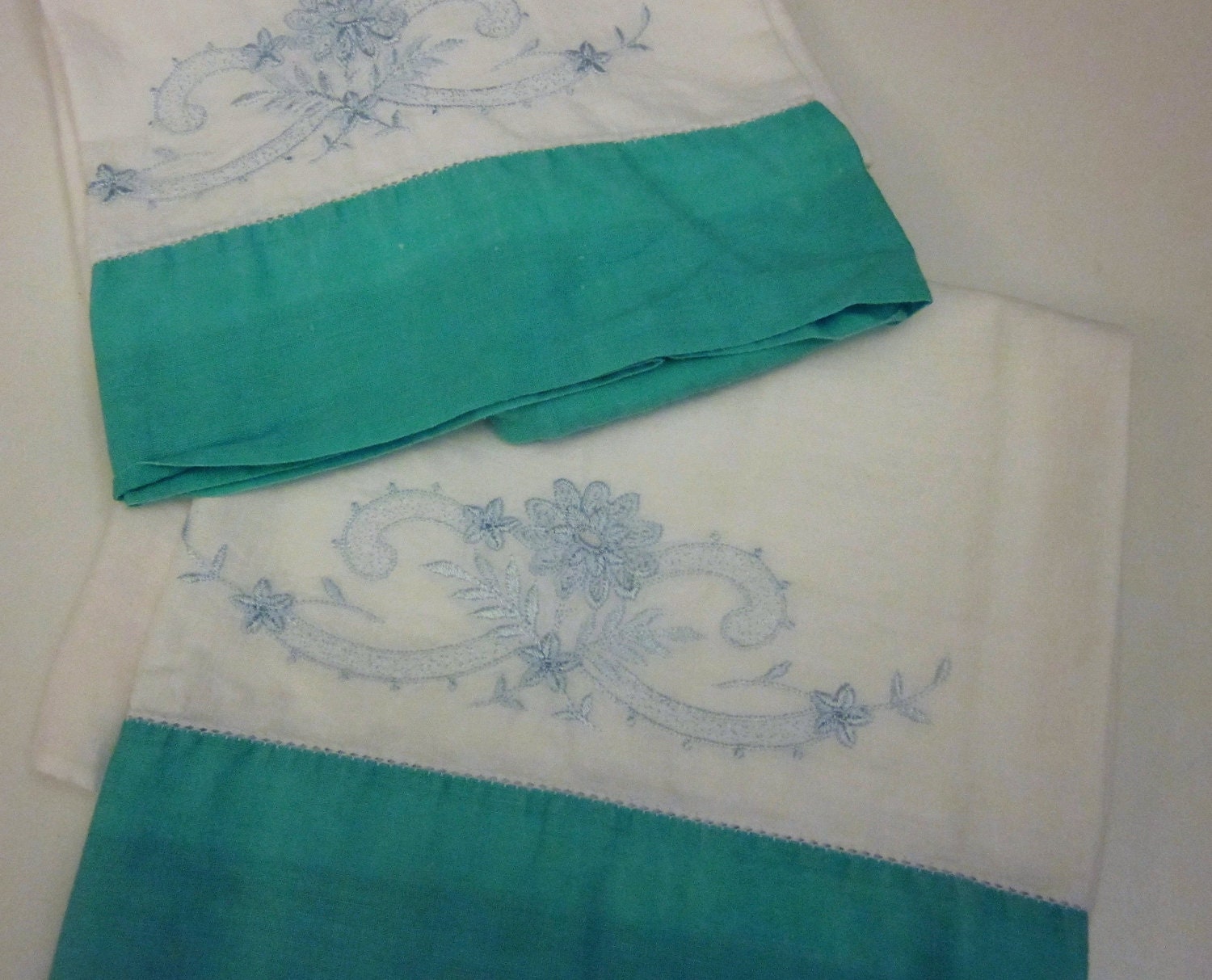 Vintage Pillowcases pair set cotton - blue Embroidered flowers green hem trim